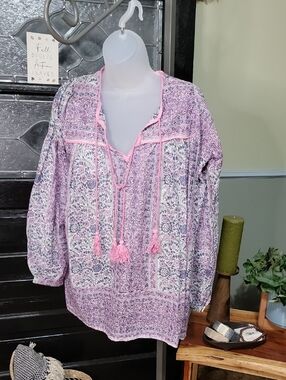 #75 Boheme Lily Vintage Pink Floral Patterned Tunic Tassel Tie Woman Size O/S